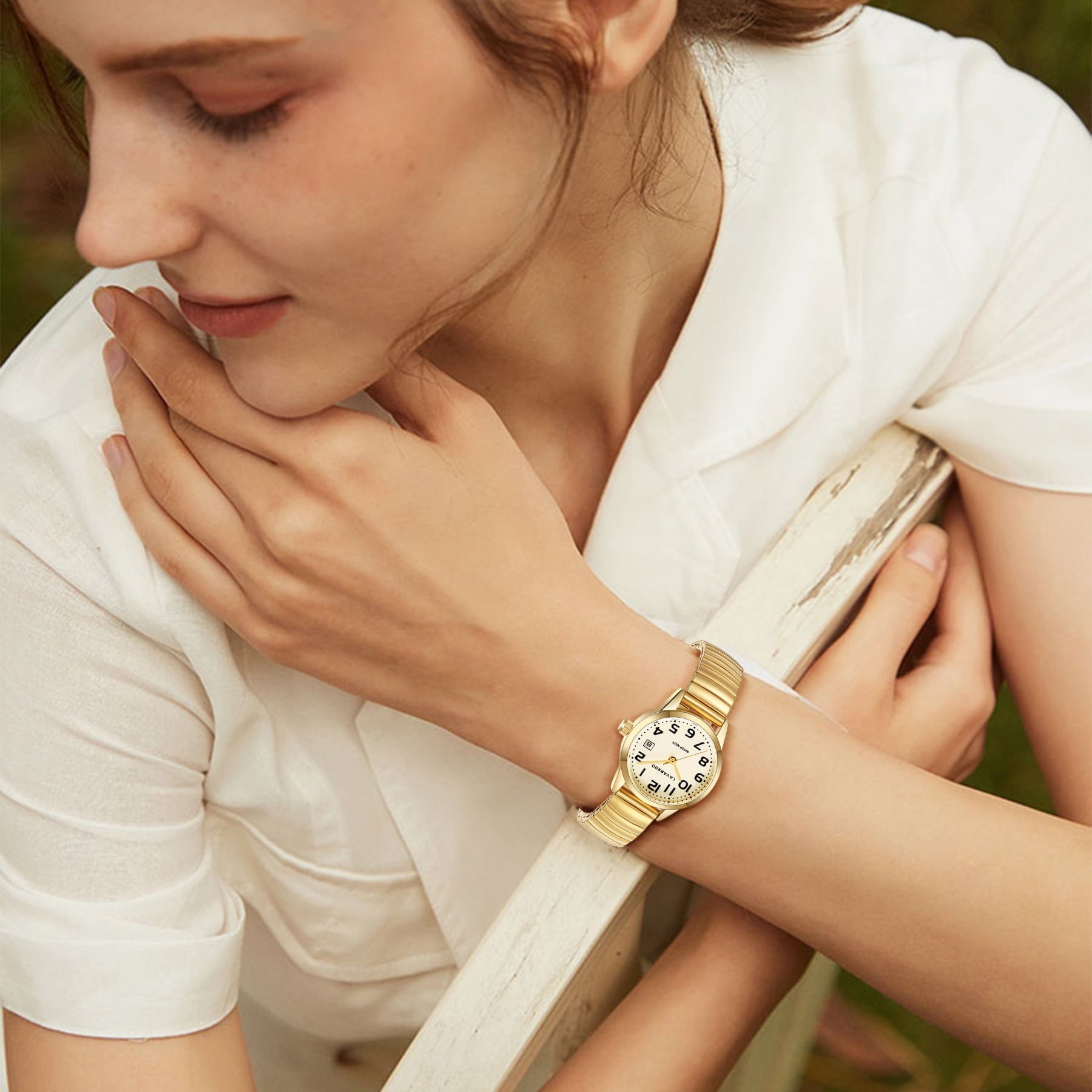 Gold Watches for Women Easy Reader Analog Ladies Quartz Watches with Stainless Steel Expansion Band, Waterproof Watches Gift For Women