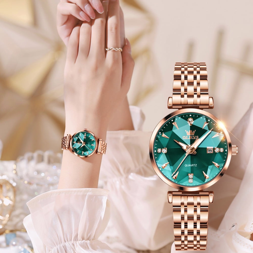 OLEVS Women Watch Fashion Rose Gold Diamond Analog Quartz Female Watch for Women Luxury Dress Ladies Stainless Steel Luminous Waterproof Date Wrist Watches Green Dial