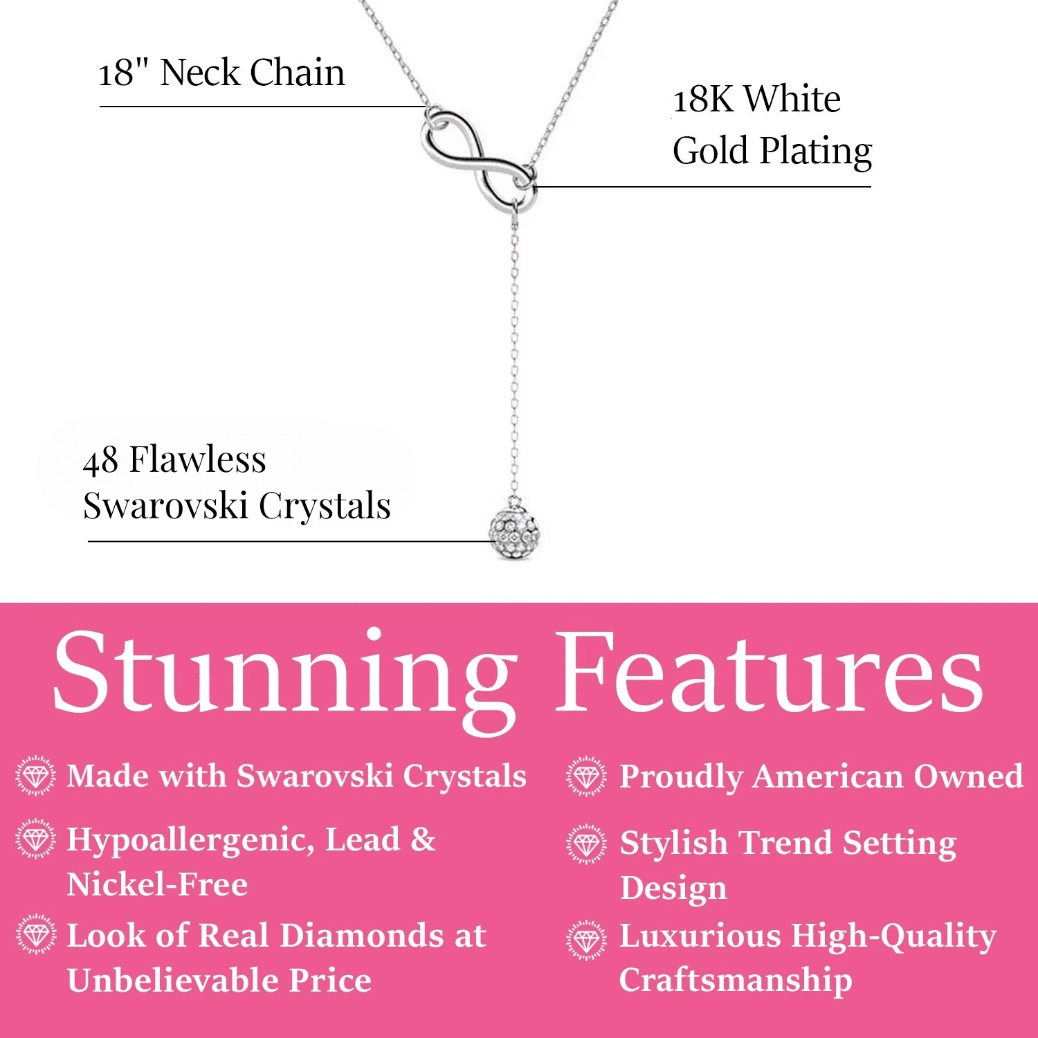 Cate & Chloe Sonya 18k White Gold Plated Lariat Y-Necklace with Swarovski Crystals Gift for Women