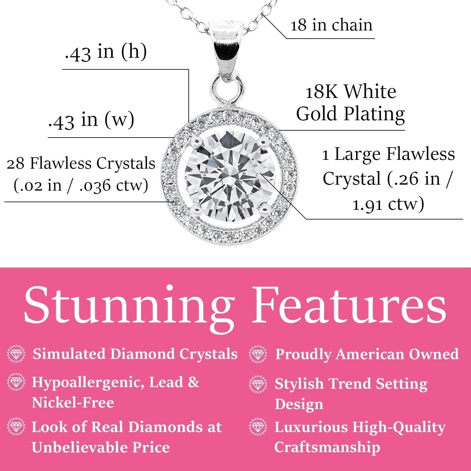 Cate & Chloe Blake 18k White Gold Plated Halo Pendant Necklace with Simulated Crystals for Women