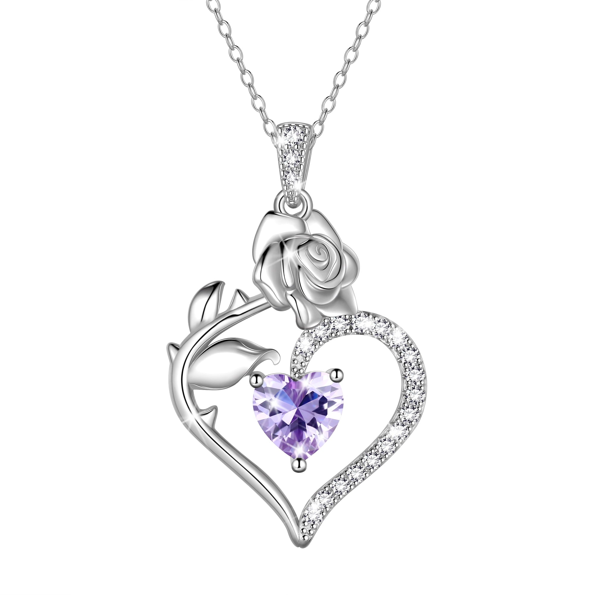 Beautlace 925 Sterling Silver Birthstone Necklace Rose Flower Heart Pendant Jewelry Christmas Valentines Mother's Day Gifts for Women Mom Wife/Lover