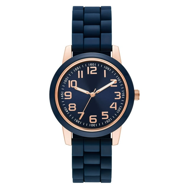 Time & Tru Women's Wristwatch: Rose Gold Case, Blue Bezel, Easy Read Dial, Silicone Strap (FMDOTT073)