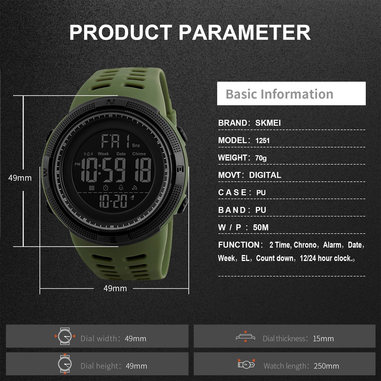 SKMEI Men's Watch Waterproof Digital Sport Watch  Military Digital Watches for men Alarm Back Light Classic Large face Watch Army Green