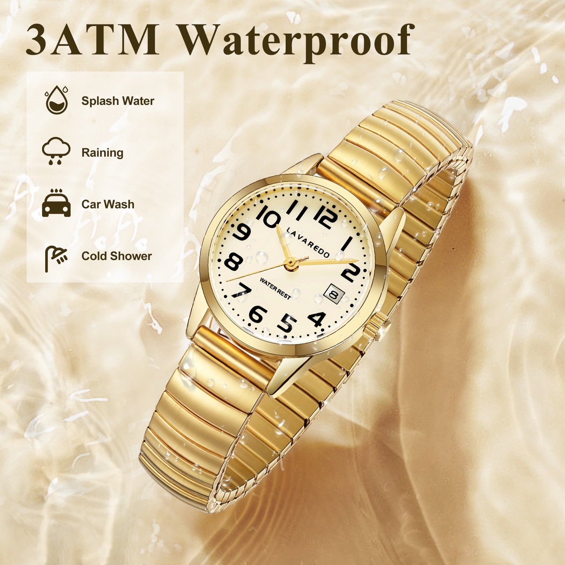 Gold Watches for Women Easy Reader Analog Ladies Quartz Watches with Stainless Steel Expansion Band, Waterproof Watches Gift For Women