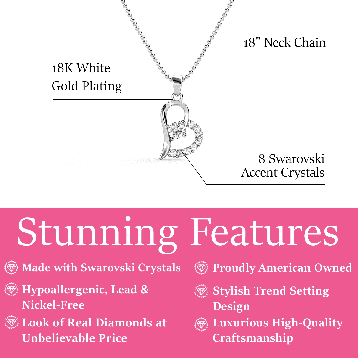 Cate & Chloe Laila 18k White Gold Plated Heart pendant Necklace with Swarovski Crystals for Women